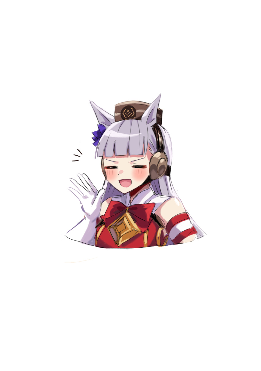 1girl absurdres animal_ears bare_shoulders blush bow brown_hat closed_eyes commentary_request dress ear_bow gloves gold_ship_(umamusume) grey_hair highres horse_ears horse_girl long_hair mare_ma notice_lines open_mouth pillbox_hat purple_bow red_bow red_dress simple_background smile solo umamusume upper_body white_background white_gloves