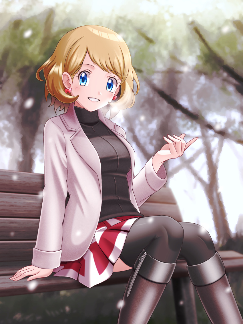1girl absurdres black_sweater black_thighhighs blonde_hair blue_eyes blurry blurry_background boots brown_footwear earrings grin highres jacket jewelry knee_boots long_sleeves looking_at_viewer medium_hair miniskirt open_clothes open_jacket pleated_skirt pokemon pokemon_xy red_skirt serena_(pokemon) skirt smile snowing solo straight_hair sweater swept_bangs thigh-highs two-tone_skirt white_jacket white_skirt zeki231 zettai_ryouiki