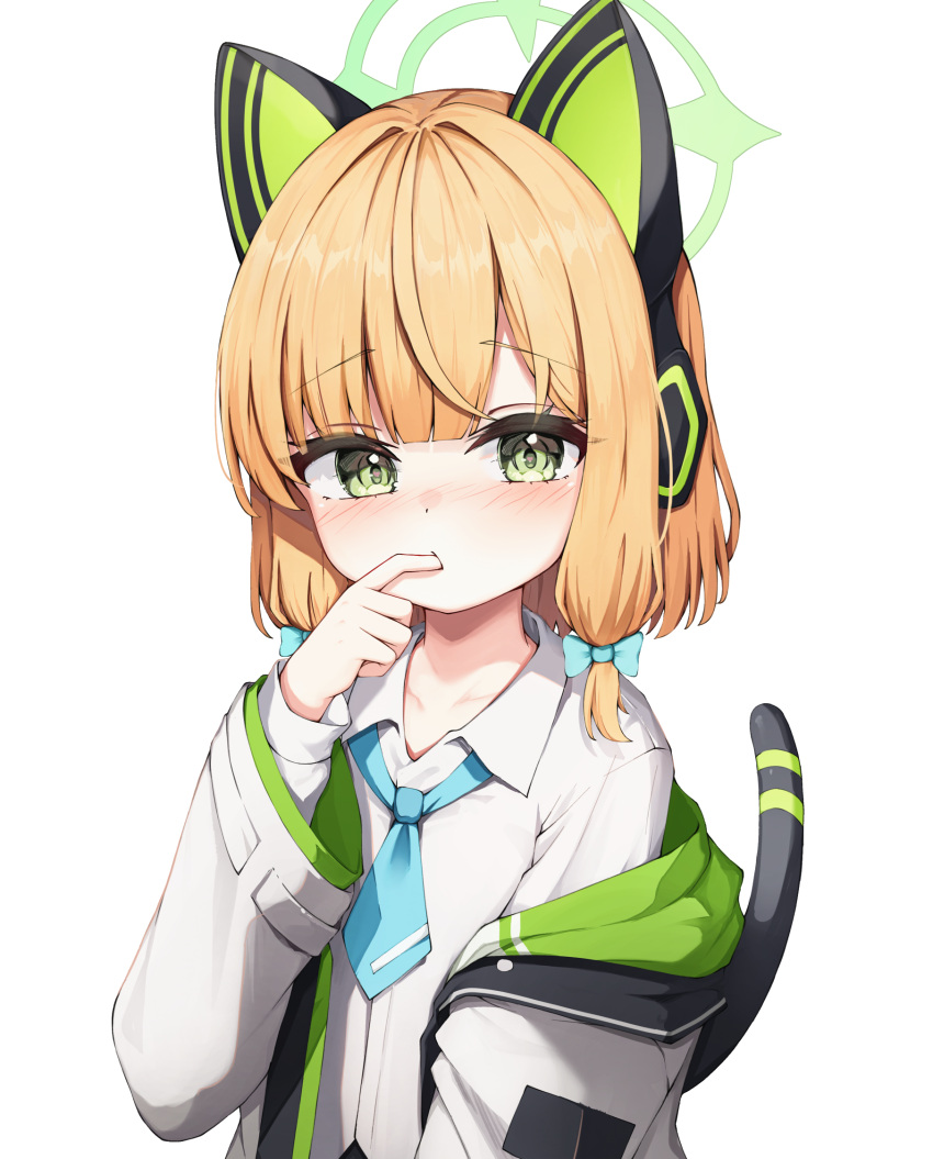 1girl animal_ear_headphones animal_ears blonde_hair blue_archive blue_bow blue_necktie bow cat_ear_headphones commentary_request fake_animal_ears fake_tail green_eyes green_halo hair_bow halo headphones highres jacket long_sleeves looking_at_viewer midori_(blue_archive) nanochie necktie shirt short_hair tail teeth upper_teeth_only white_jacket white_shirt