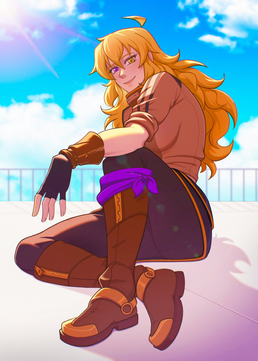 1girl antenna_hair black_gloves black_pants blonde_hair boots brown_footwear brown_jacket clouds fingerless_gloves gloves highres jacket long_hair on_rooftop pants purple_scarf rooftop rwby scarf sitting solo sun sunlight yang_xiao_long yellow_nicky