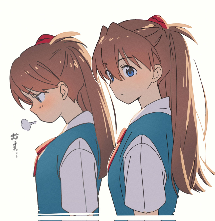 1girl blue_eyes blue_skirt blush bow bowtie breasts breath closed_mouth collared_shirt dress_shirt expressionless from_side hajikkoneko highres interface_headset long_hair long_sleeves looking_down looking_to_the_side loose_hair_strand multiple_views neon_genesis_evangelion profile red_bow red_bowtie redhead school_uniform shirt short_sleeves sigh simple_background skirt small_breasts solo_focus souryuu_asuka_langley suspender_skirt suspenders tokyo-3_middle_school_uniform translated upper_body v-shaped_eyebrows white_background white_shirt