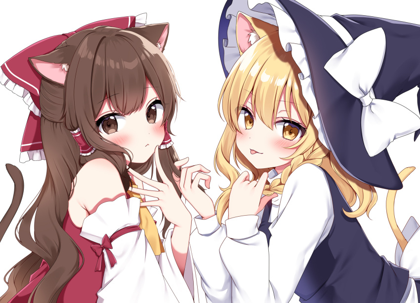 2girls :&lt; :p animal_ear_fluff animal_ears ascot bare_shoulders black_hat black_vest blonde_hair blush bow braid brown_eyes brown_hair brown_tail cat_ears cat_tail closed_mouth detached_sleeves eyes_visible_through_hair frilled_bow frilled_hair_tubes frilled_hat frills hair_bow hair_tubes hakurei_reimu hand_in_another's_hair hand_in_own_hair hand_on_own_face hand_up hands_up hat hat_bow highres kemonomimi_mode kirisame_marisa long_hair long_sleeves looking_at_viewer multiple_girls red_bow red_shirt shinonome_asu shirt side_braid sidelocks simple_background single_braid sleeve_garter sleeveless sleeveless_shirt sweater tail tail_raised tongue tongue_out touhou turtleneck turtleneck_sweater upper_body vest white_background white_bow white_sleeves white_sweater wide_sleeves witch_hat yellow_ascot yellow_eyes yellow_tail