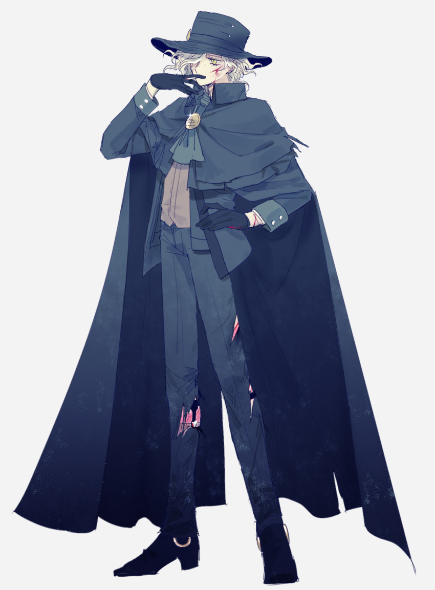 1boy ascot black_footwear black_gloves blood cigarette cloak cross-shaped_pupils cuts edmond_dantes_(fate) fate/grand_order fate_(series) fedora fukusuu_(zeonms_06s) full_body gloves green_ascot green_cloak green_hat green_pants grey_background grey_shirt hair_over_one_eye hand_on_own_hip hat highres holding holding_cigarette injury legwear_garter long_sleeves looking_afar male_focus pants pink_blood shirt shoes short_hair simple_background smoking socks solo standing symbol-shaped_pupils torn_clothes torn_pants white_hair yellow_eyes