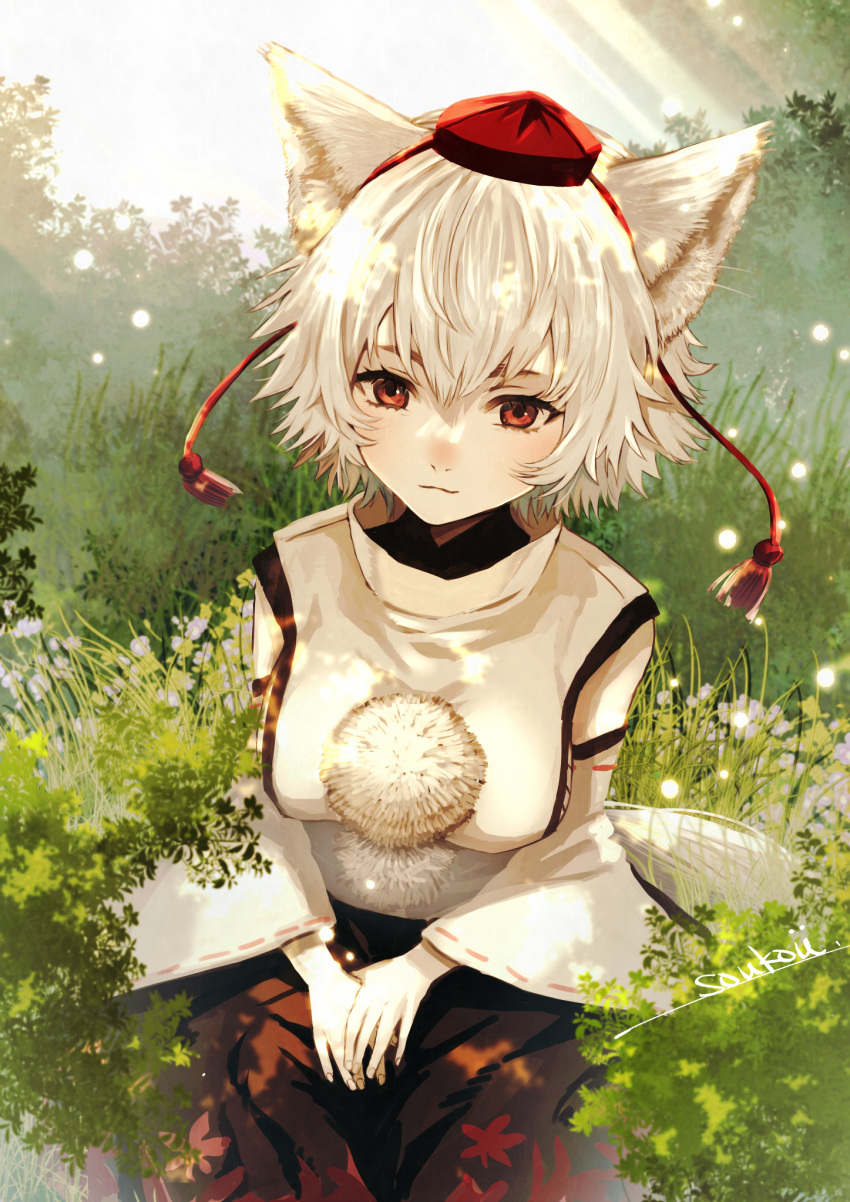1girl animal_ears black_skirt bush closed_mouth detached_sleeves grass hat highres inubashiri_momiji leaf_print light_blush light_smile on_grass outdoors pom_pom_(clothes) red_eyes ribbon-trimmed_sleeves ribbon_trim shirt short_hair signature sitting skirt solo soukou_(artist) sunlight tail tokin_hat touhou white_hair white_shirt wolf_ears wolf_girl wolf_tail