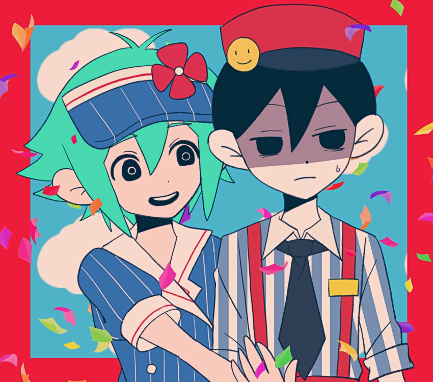 2boys alternate_costume basil_(headspace)_(omori) basil_(omori) black_eyes black_hair black_necktie closed_mouth colored_skin confetti flower green_hair highres looking_at_another mesmerizer_(vocaloid) multiple_boys necktie omori omori_(omori) short_hair teeth upper_teeth_only white_skin zero_(sleepy_meltan)