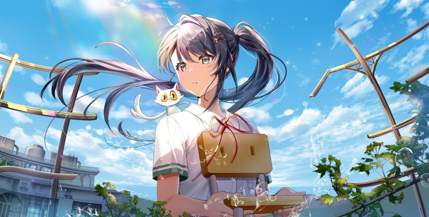 1girl absurdres animal_on_shoulder black_hair blue_sky brown_eyes building cat cat_on_shoulder chair clouds collared_shirt daijin_(suzume) day floating_hair hair_ornament hands_up highres holding_chair iwato_suzume kelezi long_hair looking_to_the_side neck_ribbon outdoors parted_lips plant ponytail red_ribbon ribbon school_uniform shirt short_sleeves single_sidelock sky solo suzume's_chair suzume_no_tojimari turning_head upper_body water_drop white_shirt x_hair_ornament
