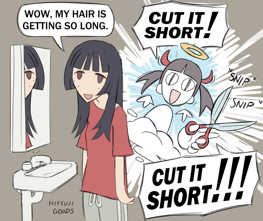 &lt;|&gt;_&lt;|&gt; 2girls artist_name black_hair blunt_bangs brown_eyes commentary defcon_(hitsujigoods) demon_horns english_commentary english_text freckles halo highres hitsuji_(hitsujigoods) hitsuji_(hitsujigoods)_(character) holding holding_scissors horns mirror multiple_girls open_mouth original red_shirt scissors shirt signature sink smile t-shirt twintails