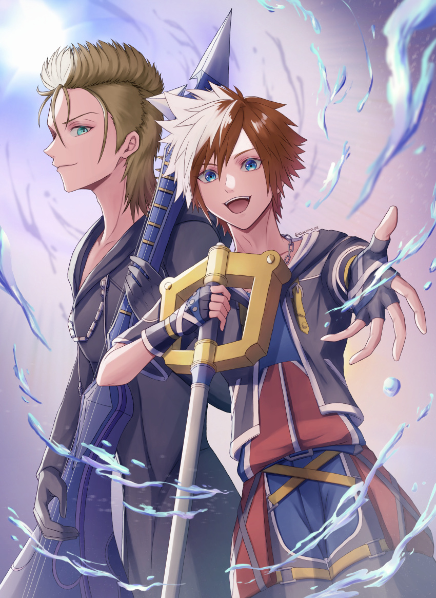 2boys absurdres artist_name black_gloves black_jacket black_robe blonde_hair blue_eyes brown_hair chain chain_necklace closed_mouth cocoro_oq cowboy_shot day demyx drawstring fingerless_gloves from_side gloves highres holding holding_instrument holding_weapon hood hood_down hooded_robe hydrokinesis instrument jacket jewelry keyblade kingdom_hearts kingdom_hearts_ii kingdom_key looking_at_viewer male_focus medium_hair multiple_boys necklace offering_hand open_mouth outdoors robe short_hair sideways_glance sky sora_(kingdom_hearts) spiky_hair standing sun teeth upper_teeth_only water weapon