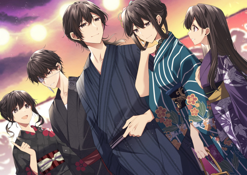 2boys 3girls :d absurdres aki_itoguchi arm_at_side asa_no_ha_(pattern) bag black_kimono blue_kimono brown_eyes brown_hair character_request closed_mouth cloud_print clouds collarbone commentary_request copyright_request curled_fingers curly_hair dark_clouds double-parted_bangs dusk dutch_angle earrings eyepatch festival floral_print_kimono food_stand from_side gradient_sky hair_between_eyes hair_bun hair_ornament hair_rings hand_on_own_chest hand_up handbag height_difference highres holding holding_bag holding_sash index_finger_raised japanese_clothes jewelry kanzashi kimono lace-trimmed_kimono lace_trim light_particles long_bangs long_hair looking_at_another looking_to_the_side looking_up medical_eyepatch medium_hair multiple_boys multiple_girls obi obiage obijime open_mouth orange_sky outdoors parted_lips print_kimono profile purple_kimono purple_sky sash shirt short_hair sidelocks sideways_mouth sky smile standing straight_hair string_of_light_bulbs striped_clothes striped_kimono striped_sash turning_head white_shirt yukata