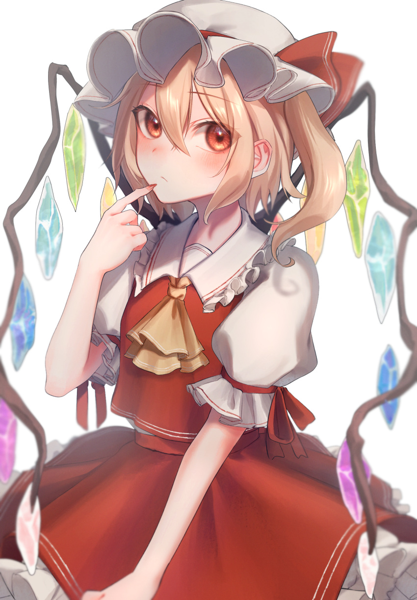 1girl ascot blonde_hair cowboy_shot crystal_wings dress flandre_scarlet frills hat highres medium_hair mob_cap puffy_short_sleeves puffy_sleeves red_dress red_eyes red_nails short_sleeves simple_background solo touhou violet_(mesy4285) white_background yellow_ascot