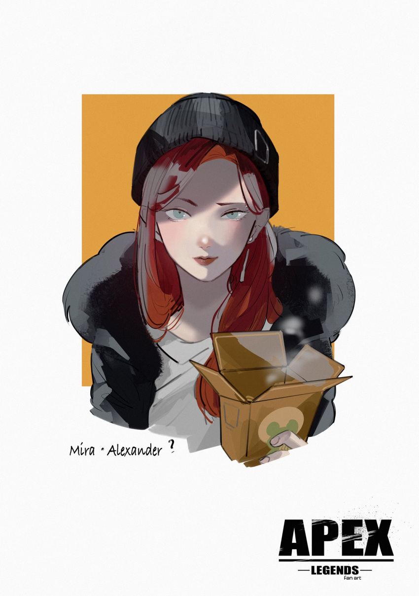 1girl apex_legends beanie black_hat black_jacket blue_eyes blush box character_name copyright_name earrings grey_shirt hair_behind_ear hat highres holding holding_box jacket jewelry looking_at_viewer mila_alexander red_lips redhead shirt smile solo steam watashida