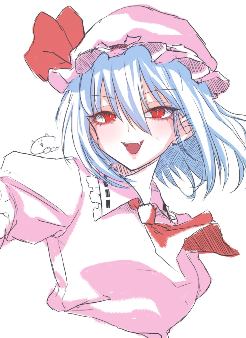 0002koko 1girl ascot blue_hair hat highres mob_cap open_mouth pink_hat puffy_short_sleeves puffy_sleeves red_ascot remilia_scarlet short_hair short_sleeves smile solo touhou upper_body white_background