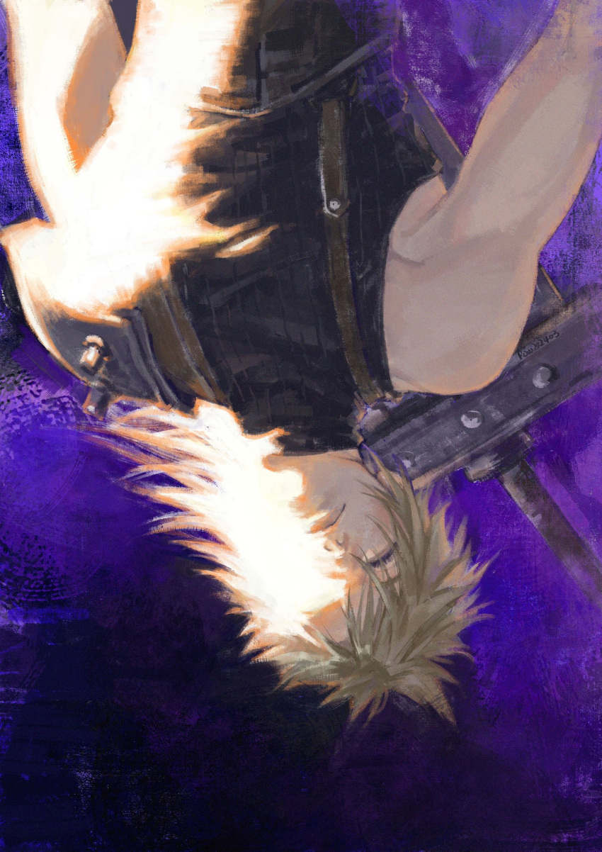 1boy armor belt black_sweater blonde_hair buster_sword closed_eyes cloud_strife commentary english_commentary final_fantasy final_fantasy_vii highres long_hair male_focus muscular muscular_male pauldrons purple_background row056 shoulder_armor single_pauldron sleeveless sleeveless_sweater sleeveless_turtleneck solo spiky_hair suspenders sweater sword sword_on_back turtleneck turtleneck_sweater upper_body upside-down weapon weapon_on_back zack_fair