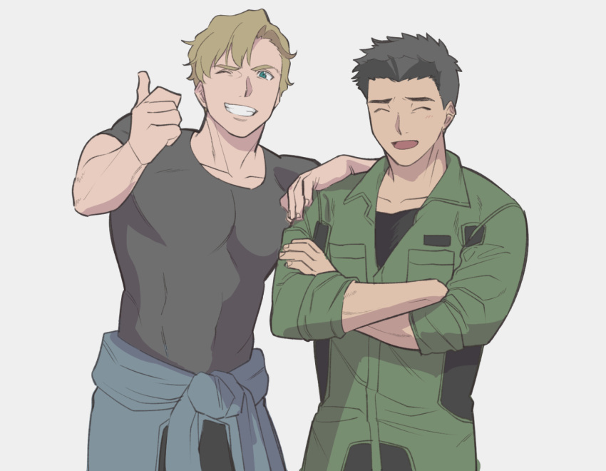 2boys ^_^ ao_isami black_hair blonde_hair closed_eyes clothes_around_waist cowboy_shot crossed_arms green_jumpsuit grey_background grey_shirt grin hand_on_another's_shoulder hand_on_own_hip jumpsuit lewis_smith light_blush looking_at_viewer male_focus multiple_boys muscular muscular_male one_eye_closed open_mouth shirt short_hair simple_background smile sweater sweater_around_waist thumbs_up tight_clothes tight_shirt umai_kinako yuuki_bakuhatsu_bang_bravern