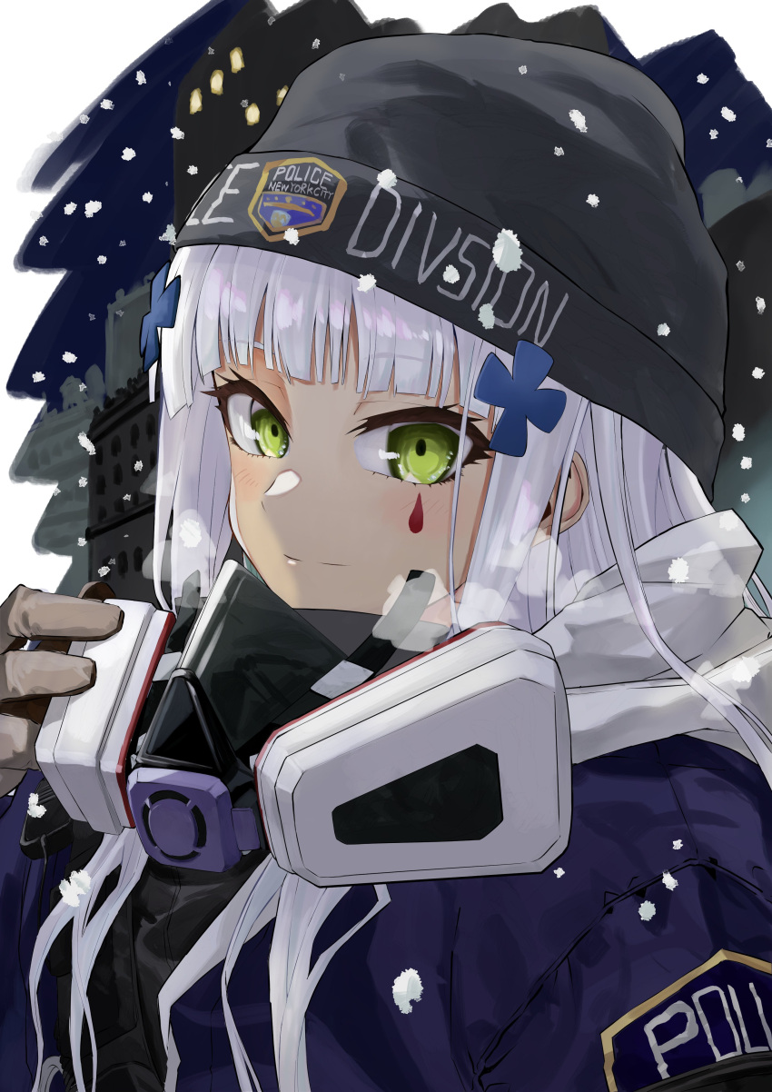 1girl absurdres black_hat blue_hair blue_jacket closed_mouth gas_mask girls_frontline gloves green_eyes hair_ornament hairpin highres hk416_(girls'_frontline) jacket jazz_(fuukan) knit_hat light_blue_hair long_hair looking_at_viewer mask outdoors smile snowing solo