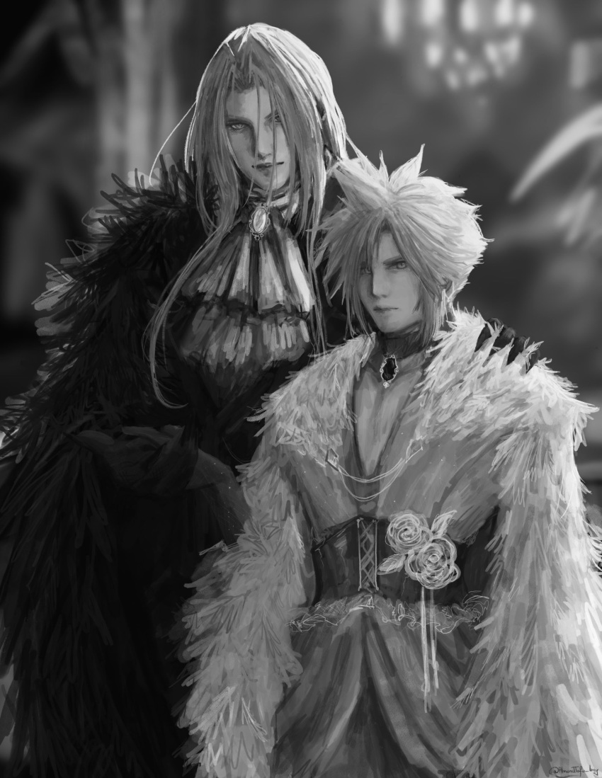 almondtofu_boy ascot black_fur blurry blurry_background choker claws cloud_strife commentary corset cosplay crossdressing dress english_commentary final_fantasy final_fantasy_vii flower fur_trim glaring greyscale hair_over_one_eye hand_on_another's_shoulder highres jewelry lace_trim light_smile long_bangs long_hair looking_at_viewer monochrome odette_(swan_lake) odette_(swan_lake)_(cosplay) odile_(swan_lake) odile_(swan_lake)_(cosplay) pendant rose sephiroth serious short_hair slit_pupils spiky_hair standing swan_lake upper_body white_fur