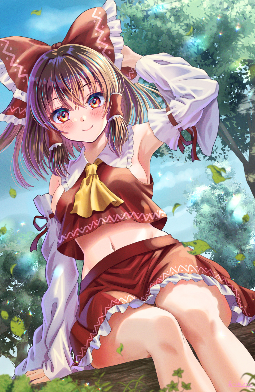 1girl arm_at_side arm_up armpits ascot bare_shoulders blue_sky blush bow breasts brown_hair closed_mouth commentary crossed_bangs curvy day detached_sleeves dutch_angle eyelashes falling_leaves feet_out_of_frame foreshortening frilled_bow frilled_hair_tubes frilled_shirt_collar frilled_skirt frills hair_between_eyes hair_bow hair_tubes hakurei_reimu happy highres huge_bow leaf long_sleeves looking_at_viewer medium_breasts navel outdoors red_bow red_eyes red_shirt red_skirt ribbon-trimmed_sleeves ribbon_trim rouge_(my_rouge) shirt short_hair sideboob sidelighting sidelocks sitting skirt sky sleeveless sleeveless_shirt smile sunlight touhou tree tsurime twitter_username wide_sleeves yellow_ascot