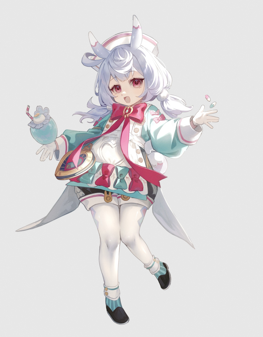 1girl :d absurdres ahoge animal_ears apron aqua_bow aqua_shirt black_footwear blue_hair boots bow bowtie brooch buttons commentary_request cup drinking_straw genshin_impact gloves hair_between_eyes hair_ornament hand_up hat heart highres jewelry knees_together_feet_apart long_hair long_sleeves looking_at_viewer low_twintails milkshake nuko_0108 nurse_cap open_mouth pantyhose pill pink_bow pom_pom_(clothes) pom_pom_hair_ornament puffy_long_sleeves puffy_sleeves red_bow red_bowtie red_eyes shirt sidelocks sigewinne_(genshin_impact) simple_background smile solo twintails white_apron white_background white_gloves white_hat white_pantyhose