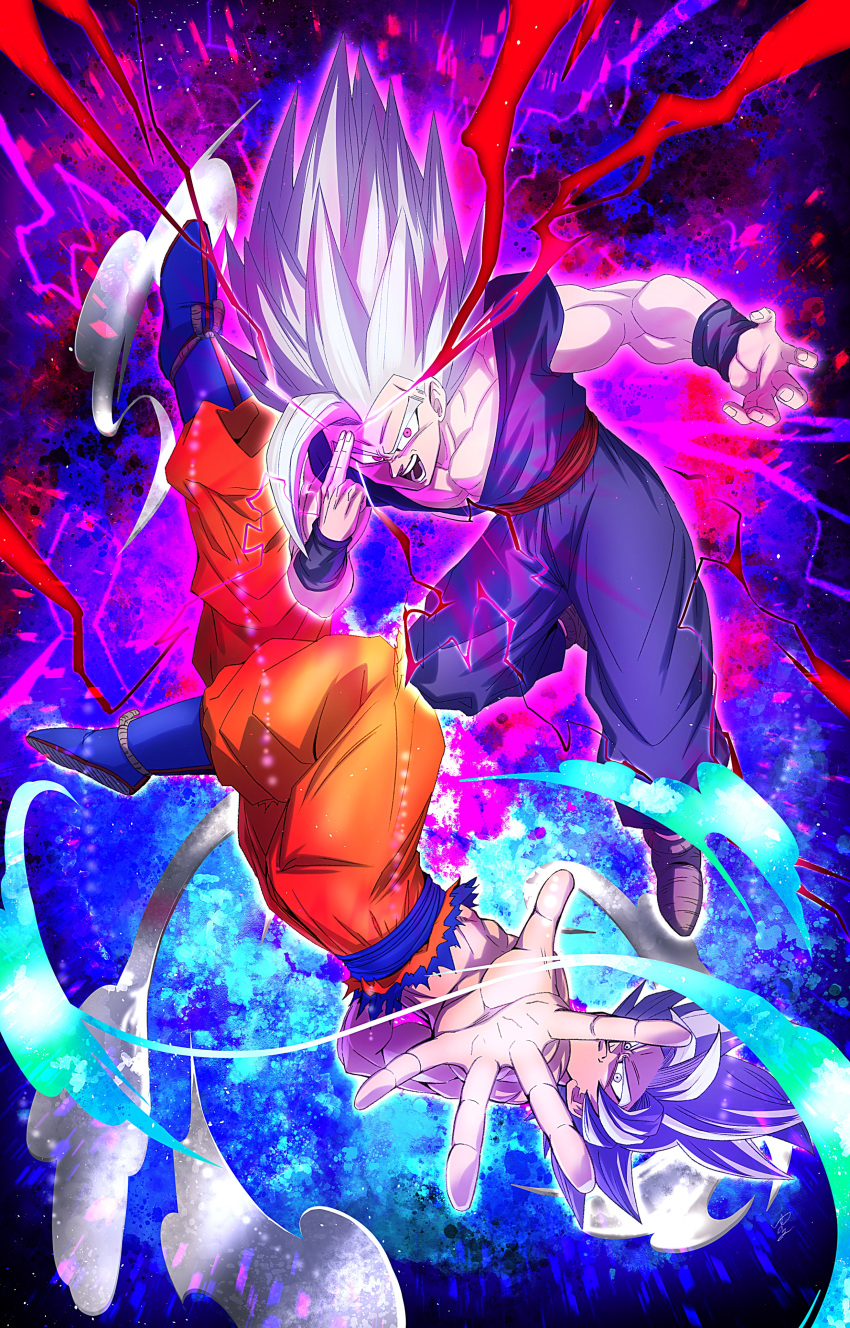 2boys absurdres blue_background blue_footwear blue_shirt boots commentary_request dougi dragon_ball dragon_ball_super dragon_ball_super_super_hero electricity father_and_son finger_on_forehead full_body gohan_beast highres long_hair makankousappou male_focus medium_hair multiple_boys muscular muscular_male orange_pants pants powering_up purple_background purple_pants purple_shirt shirt son_gohan son_goku spiky_hair topless torn_clothes torn_shirt ultra_instinct upside-down violet_eyes white_eyes white_hair yuuri_(fukuroudou)