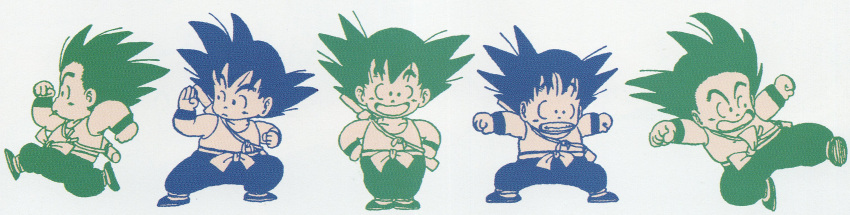 1boy absurdres arms_at_sides bare_arms black_eyes black_footwear black_hair black_pants black_wristband blue_theme clenched_hand clenched_hands clenched_teeth closed_mouth collarbone commentary dot_nose dragon_ball dragon_ball_(classic) expressionless fighting_stance full_body green_theme hand_up hands_on_own_hips happy highres kicking legs_apart legs_together limited_palette lineup looking_afar looking_at_viewer messy_hair monochrome multiple_views obi official_art open_mouth outstretched_arms pants profile running ruyi_jingu_bang sash scared serious sheath sheathed shoes simple_background smile son_goku spiky_hair spread_arms standing tank_top tareme teeth toriyama_akira white_background white_sash white_tank_top wristband