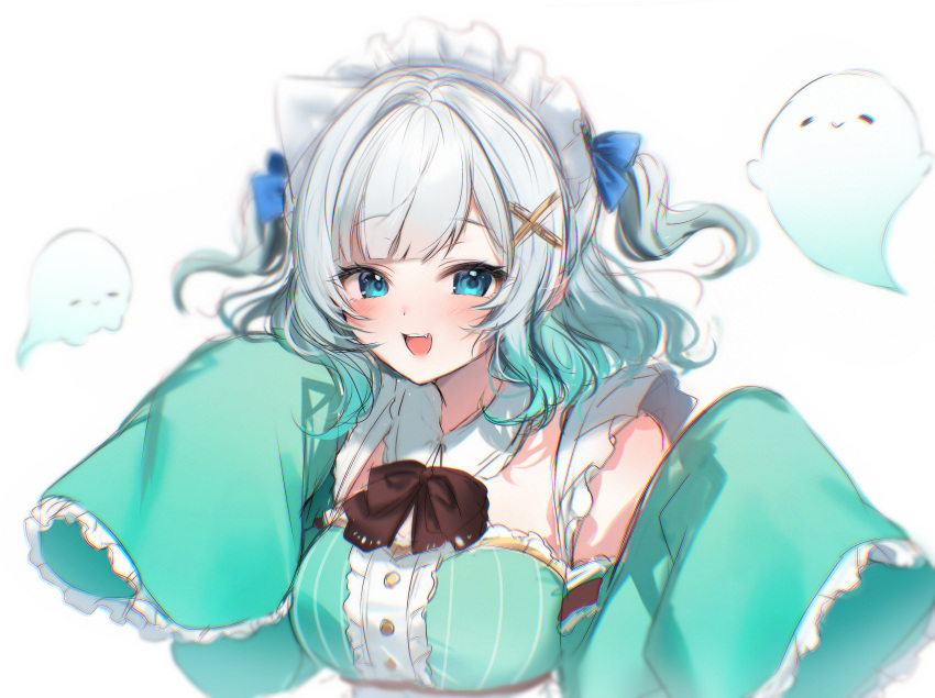 1girl absurdres aqua_hair blue_eyes blush bow breasts dress frills ghost gradient_hair green_dress green_hair hair_bow highres indie_virtual_youtuber looking_at_viewer maid maid_headdress maru_ccy medium_breasts mint_fantome multicolored_hair open_mouth sleeves_past_fingers sleeves_past_wrists smile solo triangular_headpiece two_side_up virtual_youtuber white_hair