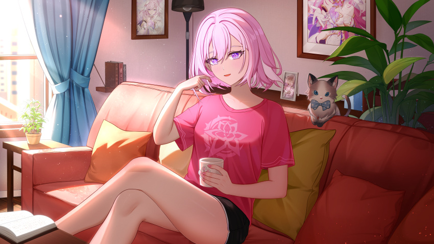 1girl absurdres animal black_shorts book breasts cat commentary_request couch crossed_legs cup curtains day dolphin_shorts elysia_(honkai_impact) hair_between_eyes hand_up hh_long highres holding holding_cup honkai_(series) honkai_impact_3rd indoors lamp looking_at_viewer on_couch open_book parted_lips pillow pink_hair pink_shirt plant potted_plant shelf shirt short_hair short_sleeves shorts sitting small_breasts smile solo sunlight table violet_eyes window wooden_floor