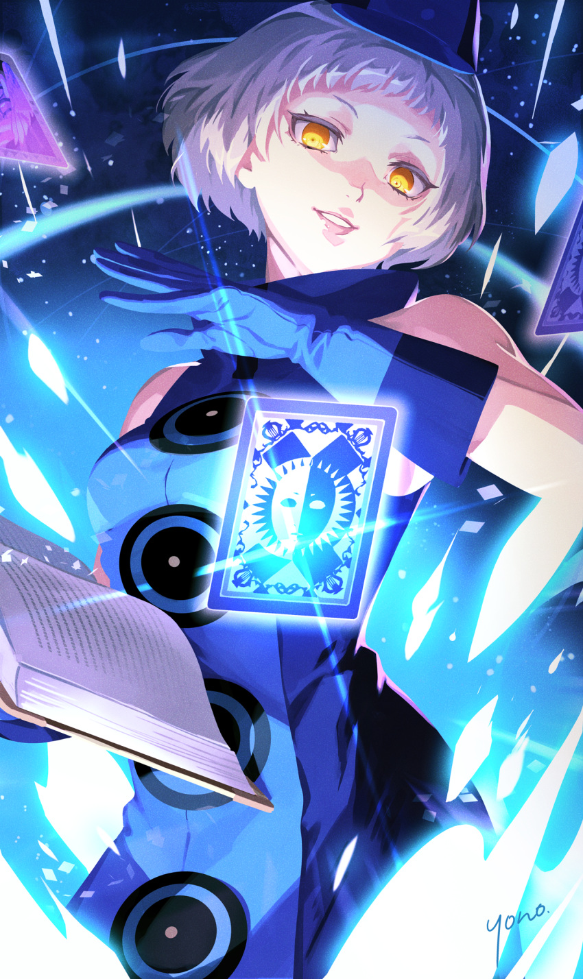 1girl bare_shoulders blue_dress blue_gloves blue_hat book card casting_spell commentary_request cowboy_shot dress elizabeth_(persona) fighting_stance gloves grey_hair hand_up head_tilt highres holding holding_book light_particles lips open_book parted_lips persona persona_3 persona_3_reload short_hair signature simple_background sleeveless sleeveless_dress smile solo tarot tsurime underlighting yellow_eyes yono_999