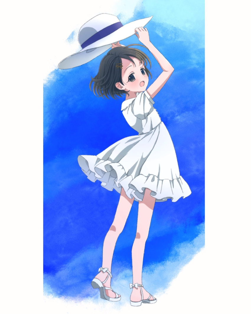 1girl :o arms_up black_eyes black_hair blue_background blush commentary dot_nose dress flat_chest frilled_dress frills full_body hair_ornament hairclip hat highres holding holding_clothes holding_hat idolmaster idolmaster_cinderella_girls legs looking_at_viewer megabee_e open_mouth sandals sasaki_chie short_hair short_sleeves solo standing sun_hat symbol-only_commentary thighs white_dress white_footwear wind