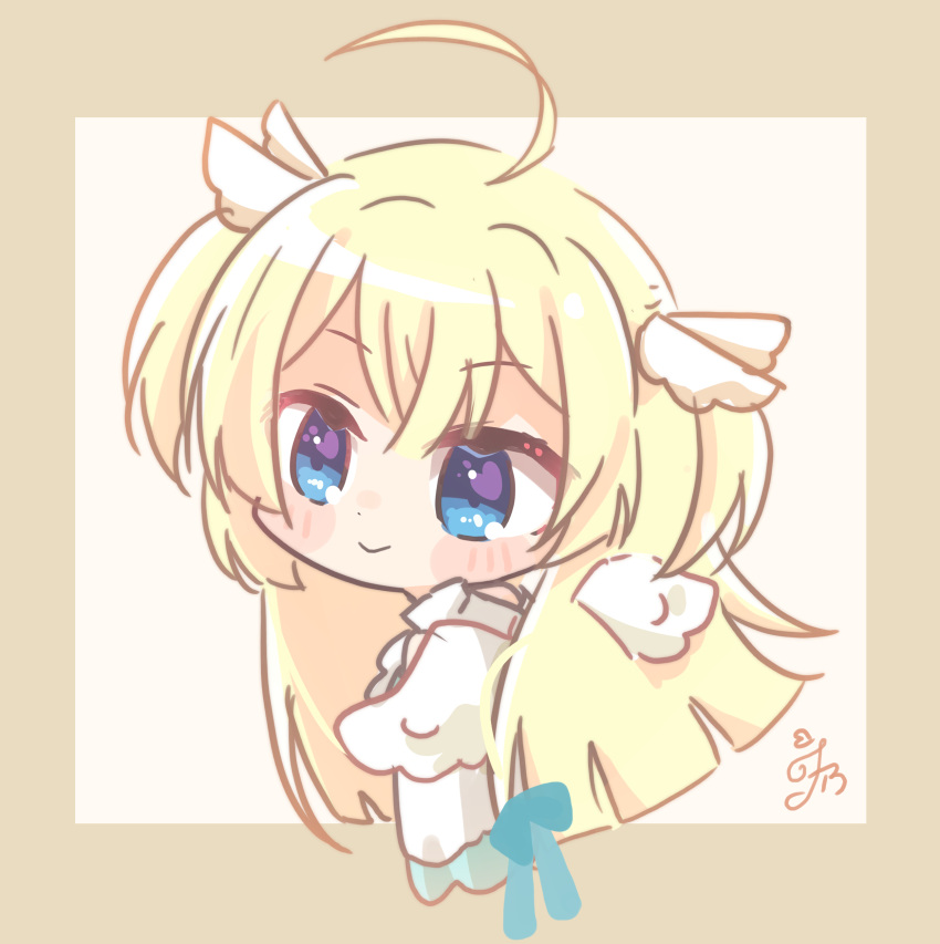 1girl absurdres ahoge angel angel_wings blonde_hair blue_eyes blue_ribbon blush_stickers chibi closed_mouth commentary_request from_side hair_between_eyes hashtag-only_commentary heart heart_in_eye highres long_hair looking_at_viewer ribbon shirayuki_noa signature simple_background smile solo symbol_in_eye tenshi_souzou_re-boot! two_side_up utuigawa wing_hair_ornament wings yellow_background