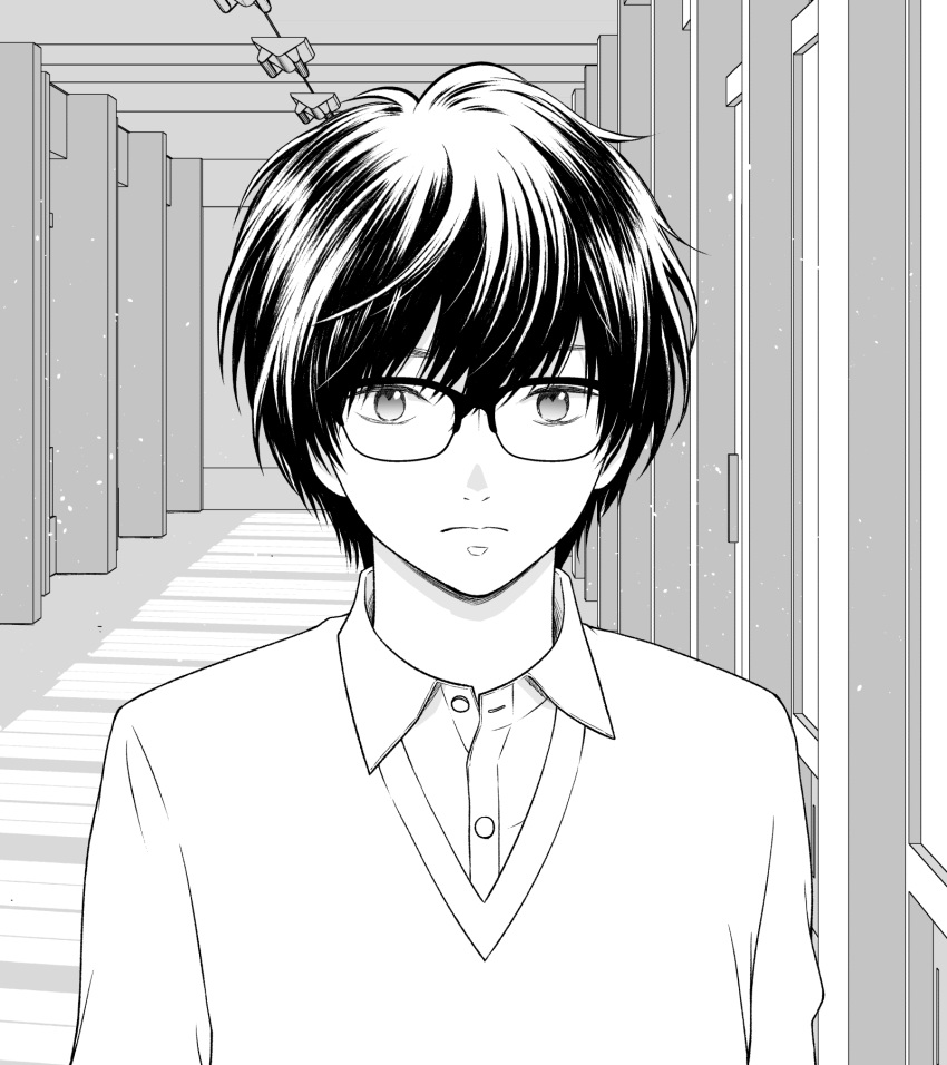 1boy buttons closed_mouth collared_shirt commentary_request frown glasses greyscale hallway highres indoors lamp looking_at_viewer male_focus mitsuhashitohru_pxv monochrome original over-rim_eyewear semi-rimless_eyewear shirt short_hair solo sweater upper_body window