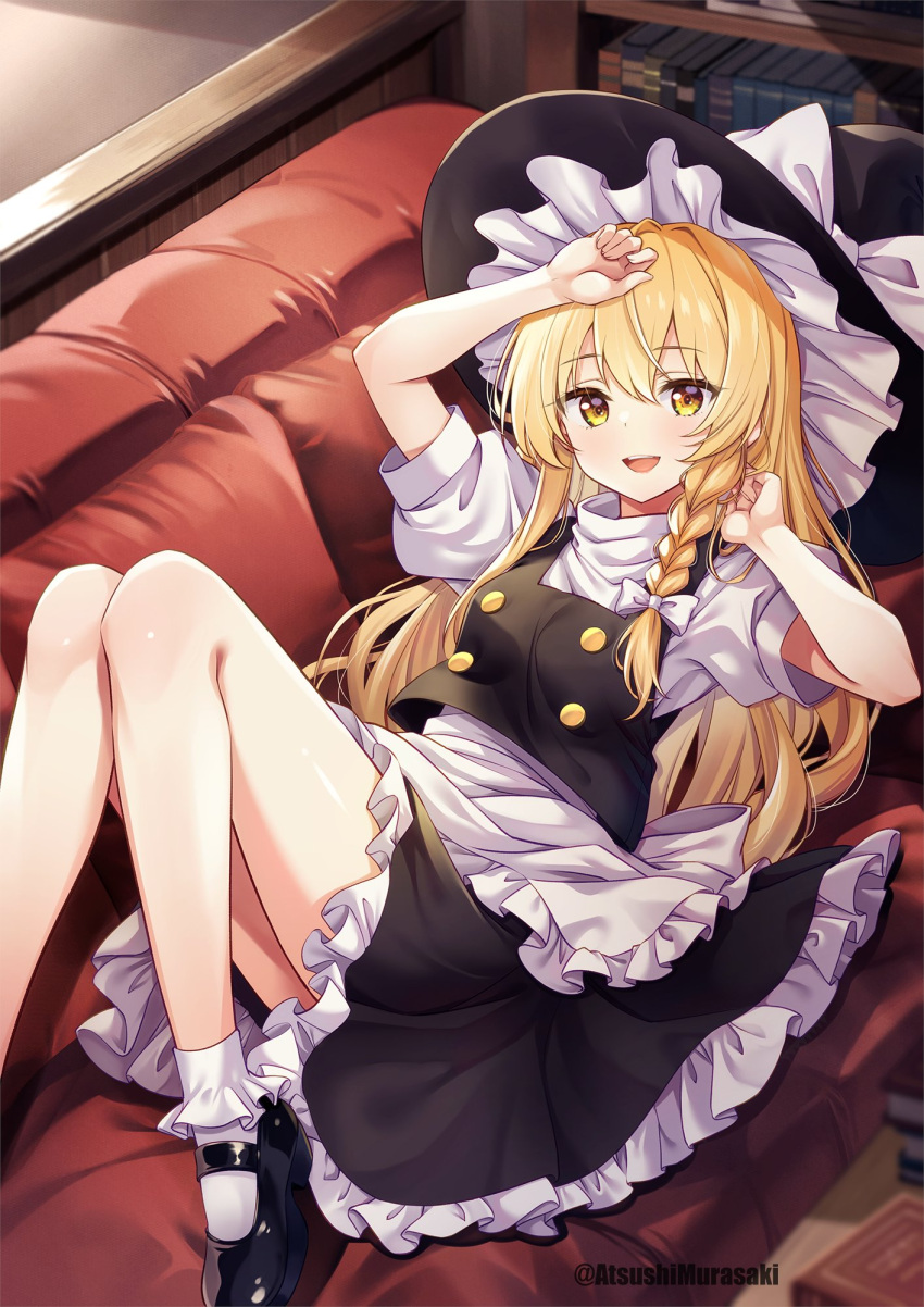 1girl :d apron ascot black_footwear black_hat black_skirt blonde_hair bobby_socks book couch frilled_apron frilled_skirt frills hat highres kirisame_marisa long_hair lying mary_janes murasaki_atsushi on_back on_couch puffy_short_sleeves puffy_sleeves shirt shoes short_sleeves sidelocks skirt smile socks solo touhou turtleneck very_long_hair waist_apron white_apron white_shirt white_socks witch witch_hat yellow_ascot yellow_eyes