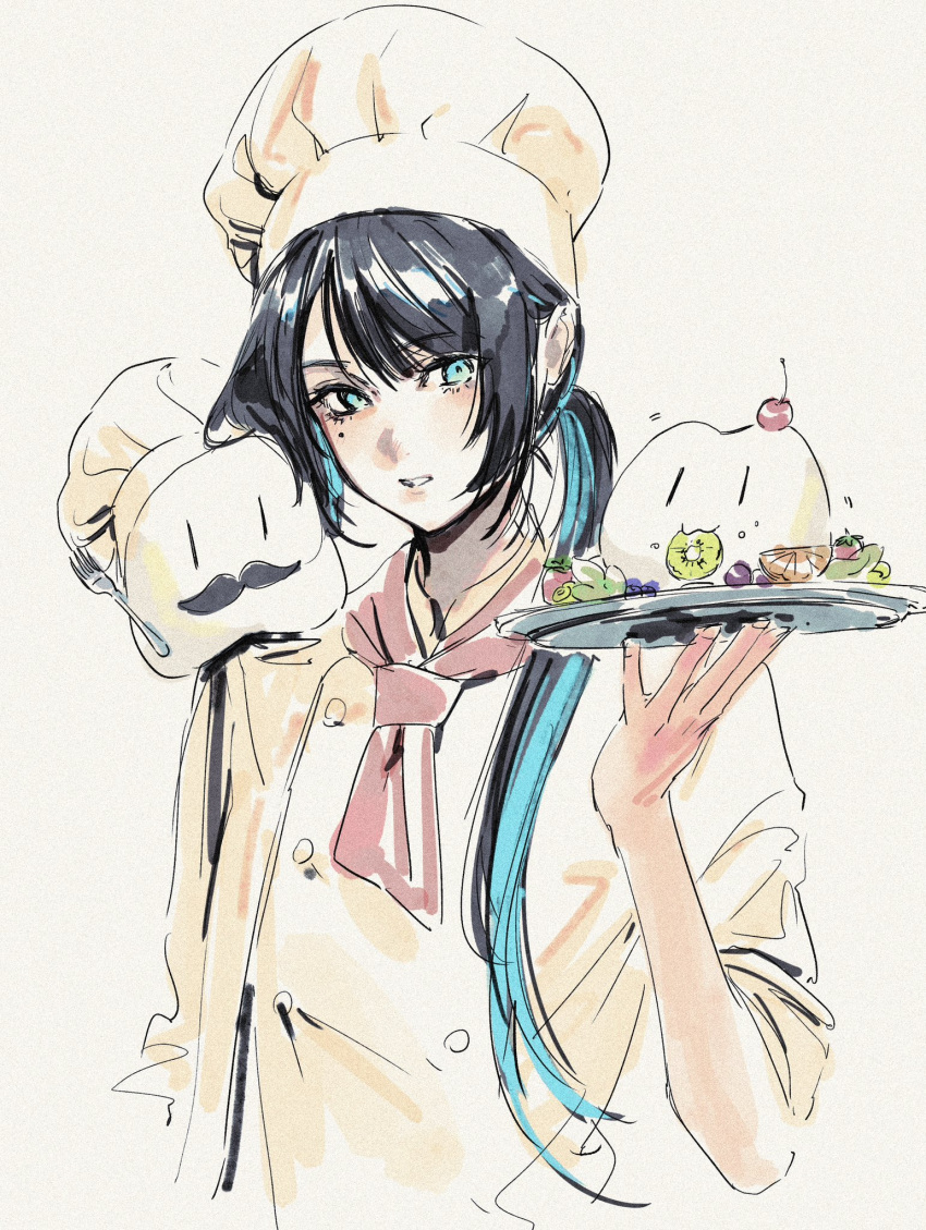 1girl ado_(utaite) adochansukisuki alternate_hairstyle black_hair blue_eyes blue_hair chando_(ado) chef chef_hat cloud_nine_inc colored_inner_hair commentary ha-chan_(ado) hat highres holding holding_tray long_hair looking_at_viewer mole mole_under_eye multicolored_hair neckerchief open_mouth ponytail red_neckerchief shirt solo tray upper_body utaite white_background white_hat white_shirt