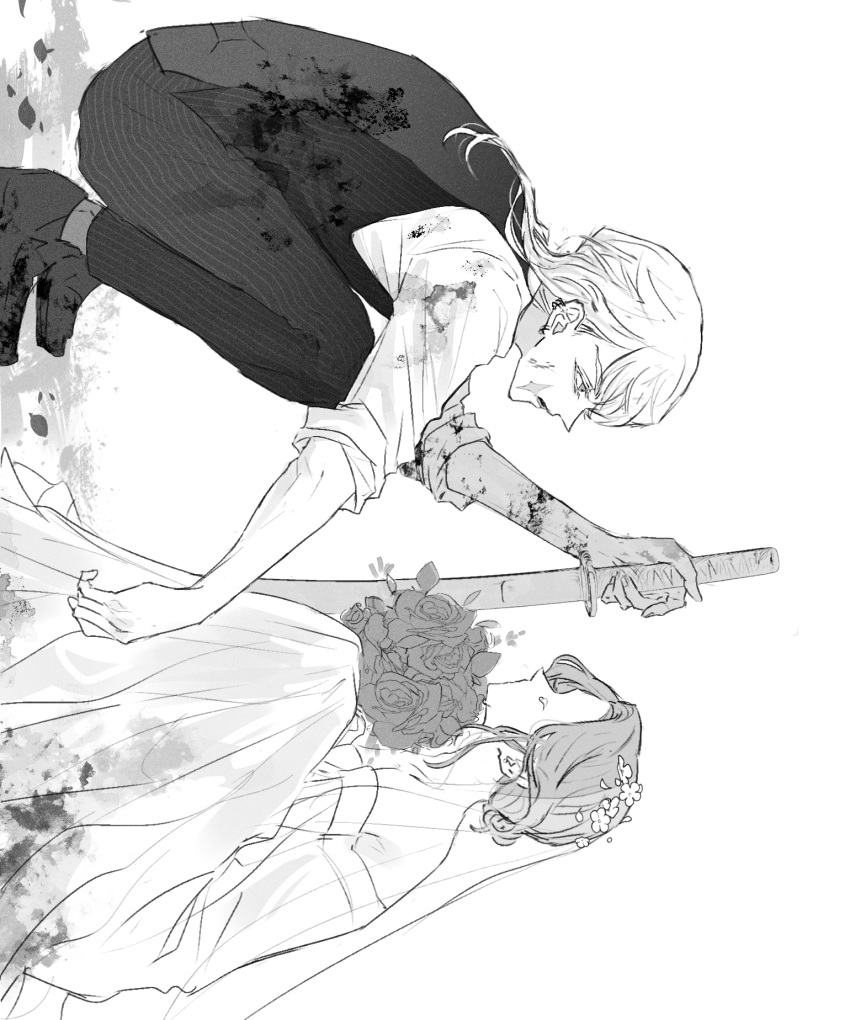 1boy 1girl blood blood_on_arm blood_on_clothes bouquet dress ear_piercing eye_contact faceless faceless_female greyscale highres holding holding_sword holding_weapon katana looking_at_another monochrome nyub open_mouth piercing sanzu_haruchiyo scar scar_on_face sleeve_rolled_up squatting suit sword tokyo_revengers vest weapon wedding_dress wolf_cut