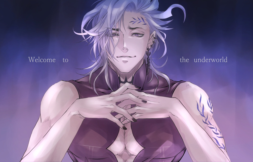 1boy bare_shoulders black_nails chinenkun earrings english_text forehead_tattoo gradient_background hades_(shuumatsu_no_valkyrie) hair_between_eyes highres jewelry leaf_tattoo looking_at_viewer male_focus medium_hair neck_tattoo own_hands_together pectoral_cleavage pectorals pointy_ears purple_background shirt shoulder_tattoo shuumatsu_no_valkyrie single_earring sleeveless sleeveless_shirt smirk solo tattoo upper_body violet_eyes white_hair