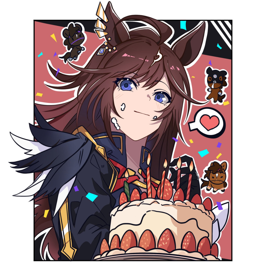 1girl 3others ahoge animal_ears birthday birthday_cake black_gloves black_hair blue_eyes breasts brown_hair cake candle closed_mouth confetti cream cream_on_face duramente_(umamusume) ear_ornament food food_on_face fruit gloves hair_between_eyes heart highres horse horse_ears horse_girl horse_tail jacket kukmmo liberty_island_(racehorse) long_hair long_sleeves looking_at_viewer multicolored_hair multiple_others plate simple_background spoken_heart stars_on_earth_(racehorse) strawberry streaked_hair tail titleholder_(racehorse) umamusume white_hair