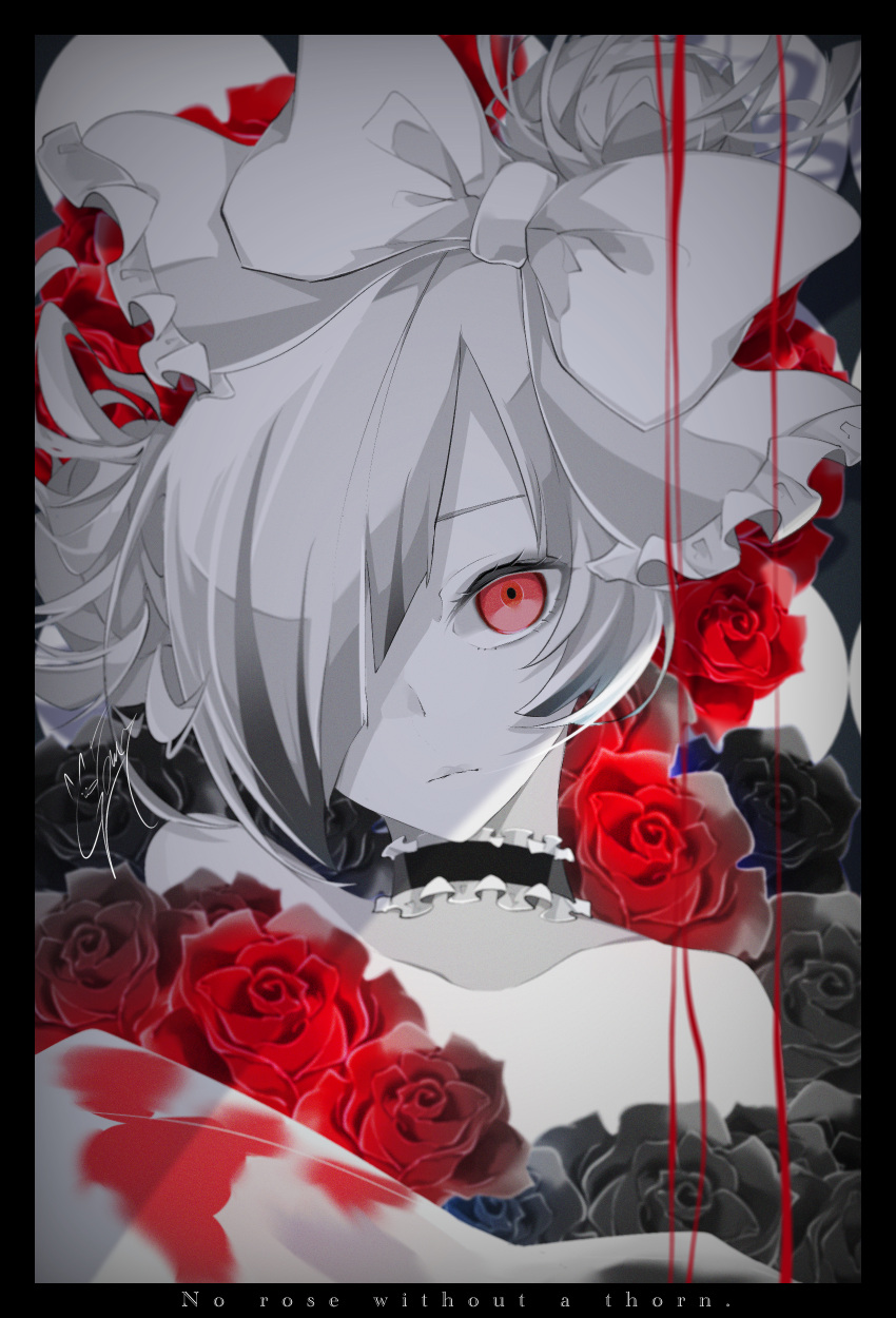 1girl absurdres blood blue_flower blue_rose bow english_text flower goma_irasuto grey_rose greyscale hair_bow hair_over_one_eye highres long_hair looking_at_viewer monochrome original red_eyes red_theme rose solo