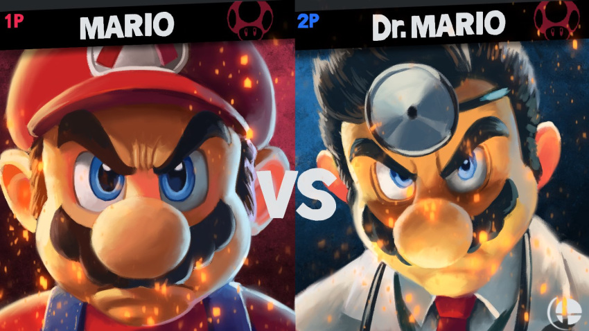 2boys ai-generated_art_(topic) black_hair blue_eyes character_name closed_mouth coat doctor dr._mario dr._mario_(game) facial_hair hat head_mirror highres lab_coat looking_at_viewer male_focus mario meme multiple_boys mustache necktie red_hat red_necktie simple_background super_mario_bros. super_smash_bros. super_smash_bros._logo upper_body vs white_coat ya_mari_6363