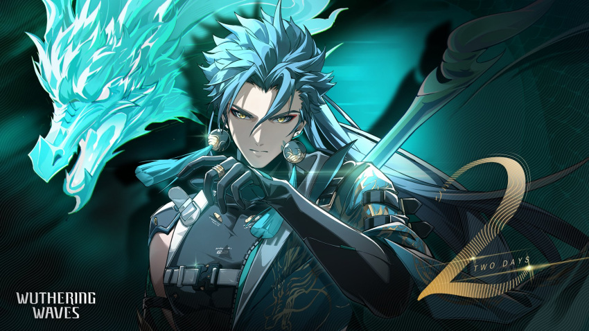 1boy arm_belt black_gloves black_shirt closed_mouth commentary copyright_name dragon ear_piercing earrings english_commentary english_text gloves green_hair hand_up highres holding holding_polearm holding_weapon jewelry jiyan_(wuthering_waves) long_hair looking_to_the_side male_focus official_art parted_bangs piercing polearm shirt solo spiky_hair toned toned_male very_long_hair weapon wuthering_waves yellow_eyes