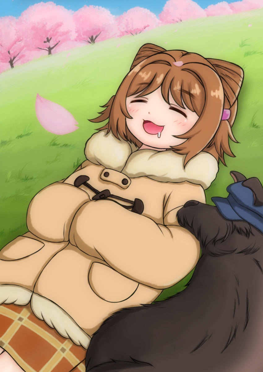 1girl :3 amanone_yun brown_coat brown_hair cherry_blossoms closed_eyes coat commentary dog drooling fur_trim girls_und_panzer hair_ears hair_ornament highres lying mouth_drool on_back open_mouth outdoors plaid plaid_skirt short_hair skirt sleeping toggles waterzooi yuuko_(girls_und_panzer)