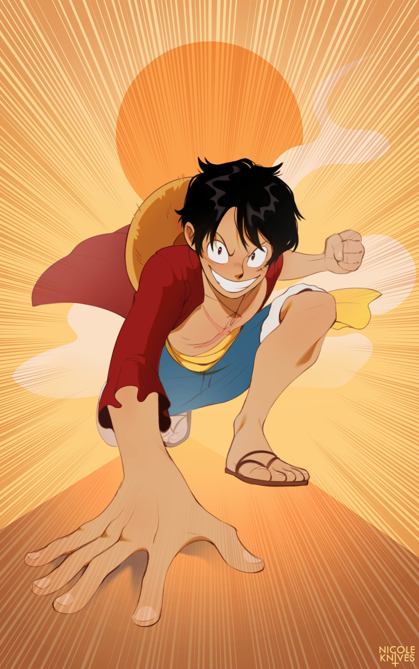 1boy absurdres artist_name black_hair clenched_hand clenched_teeth commentary full_body hat highres looking_at_viewer male_focus monkey_d._luffy nicoleknives one_piece open_clothes red_shirt sandals scar scar_on_cheek scar_on_chest scar_on_face shirt short_hair smile solo straw_hat teeth unworn_hat unworn_headwear