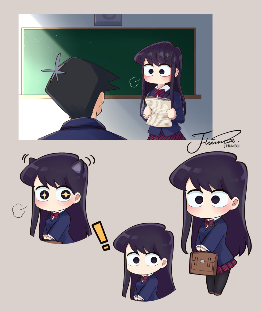 ! 1boy 1girl absurdres artist_name bag black_hair blazer blue_jacket blush chalkboard chibi classroom collared_shirt commentary cropped_torso day ear_wiggle flower from_behind grey_background hair_flower hair_ornament highres holding holding_bag indoors j_humbo jacket komi-san_wa_komyushou_desu komi_shouko long_hair long_sleeves looking_at_another looking_at_viewer motion_lines multiple_views no_mouth no_nose pantyhose pleated_skirt puff_of_air purple_hair red_skirt school_bag school_uniform shirt signature simple_background skirt sparkling_eyes sunlight swept_bangs symbol-only_commentary tadano_hitohito violet_eyes white_shirt