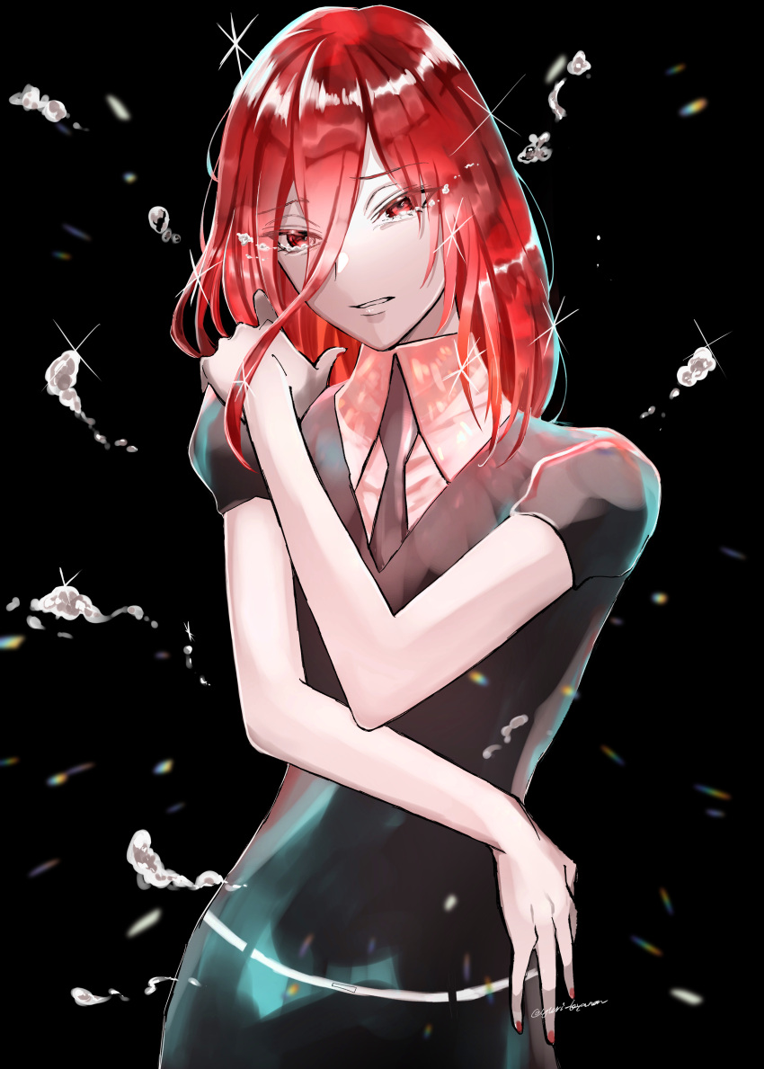 1other absurdres ambiguous_gender androgynous black_background black_necktie black_shirt cinnabar_(houseki_no_kuni) collared_shirt commentary_request gem_uniform_(houseki_no_kuni) highres houseki_no_kuni long_hair looking_at_viewer mercury_(element) necktie parted_lips red_eyes redhead shirt short_sleeves solo upper_body white_shirt yuri_kyanon