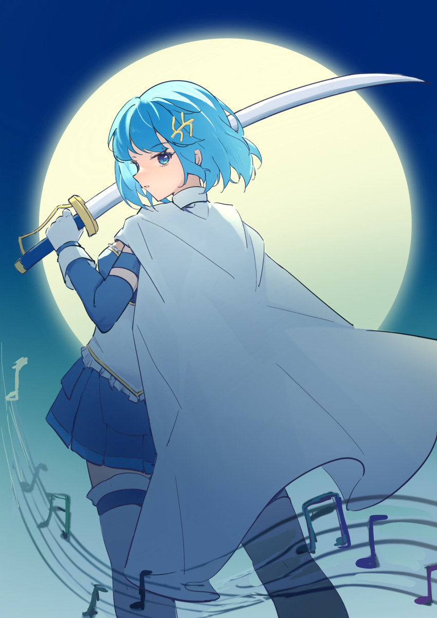 1girl absurdres backlighting blue_eyes blue_hair cape detached_sleeves fortissimo from_behind full_moon gloves hair_ornament highres holding holding_sword holding_weapon kaniko_(user_tvzs5875) looking_at_viewer looking_back magical_girl mahou_shoujo_madoka_magica miki_sayaka moon musical_note musical_note_hair_ornament pleated_skirt short_hair skirt sword thigh-highs weapon