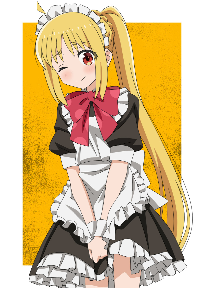 1girl ;d ahoge alternate_costume apron back_bow black_dress blonde_hair blush bocchi_the_rock! border bow bowtie braid clenched_hand closed_mouth commentary_request cowboy_shot crown_braid detached_ahoge dot_nose dress enmaided eyes_visible_through_hair frilled_apron frilled_dress frills highres ijichi_nijika long_hair looking_at_viewer maid maid_apron maid_headdress one_eye_closed orange_eyes outside_border own_hands_together puffy_short_sleeves puffy_sleeves purple_bow purple_bowtie riokasen short_dress short_sleeves side_ponytail sidelocks sleeve_cuffs smile solo v_arms very_long_hair white_apron white_border white_bow white_wristband yellow_background