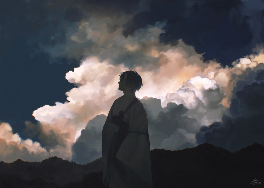 1boy black_hair blue_eyes closed_mouth clouds cloudy_sky commentary commentary_request cowboy_shot expressionless from_side hand_on_own_stomach highres hise horns japanese_clothes kimono long_sleeves looking_up male_focus mountain oni original shadow short_hair sky solo standing white_kimono wide_sleeves
