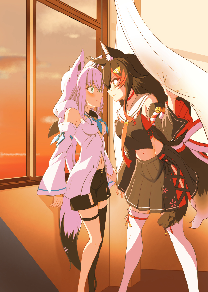 2girls absurdres against_window animal_ear_fluff animal_ears behind_curtains bell black_hair black_shirt black_shorts black_skirt black_sleeves black_thighhighs blue_eyes blush breasts brown_eyes curtains detached_sleeves eye_contact face-to-face fox_ears fox_girl fox_tail highres hololive indoors jingle_bell kagami_yoshino long_hair looking_at_another midriff multicolored_hair multiple_girls navel ookami_mio ponytail shirakami_fubuki shirt shorts single_thighhigh skirt standing streaked_hair tail tail_around_own_leg thigh-highs thigh_strap virtual_youtuber white_hair white_shirt white_sleeves white_thighhighs window wolf_ears wolf_girl wolf_tail