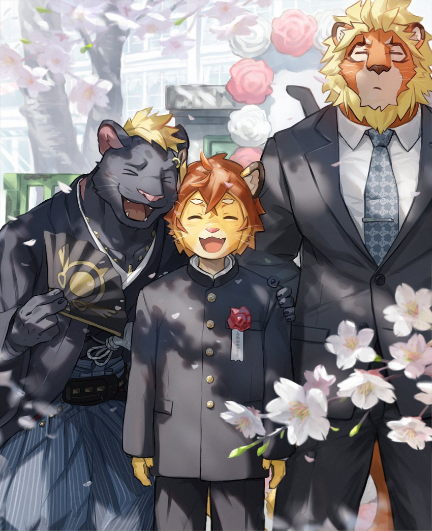 3boys animal_ears arm_behind_back black_kimono black_pants black_suit blush cherry_blossoms claw_(world_flipper) claws closed_eyes closed_mouth fangs folding_fan furry furry_male hand_fan hand_on_another's_shoulder hashtag-only_commentary highres holding holding_fan japanese_clothes kimono lion_boy lion_ears lion_mane lion_tail magnos_(world_flipper) male_focus multiple_boys necktie open_mouth panther_boy panther_ears pants school_gateway school_uniform shirt skin_fangs smile suit tail theo_(world_flipper) waahurikya whiskers white_shirt world_flipper