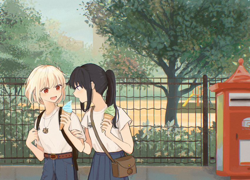 2girls backpack bag belt black_hair blonde_hair blue_pants blue_skirt commentary_request day denim food hand_on_another's_arm handbag highres holding holding_food holding_ice_cream ice_cream ice_cream_cone inoue_takina jeans jewelry long_hair looking_at_another lycoris_recoil masaru_(kises_j) medium_hair multiple_girls necklace nishikigi_chisato open_mouth outdoors pants park playground pleated_skirt ponytail postbox_(outgoing_mail) red_eyes shirt short_sleeves skirt smile tree violet_eyes white_shirt