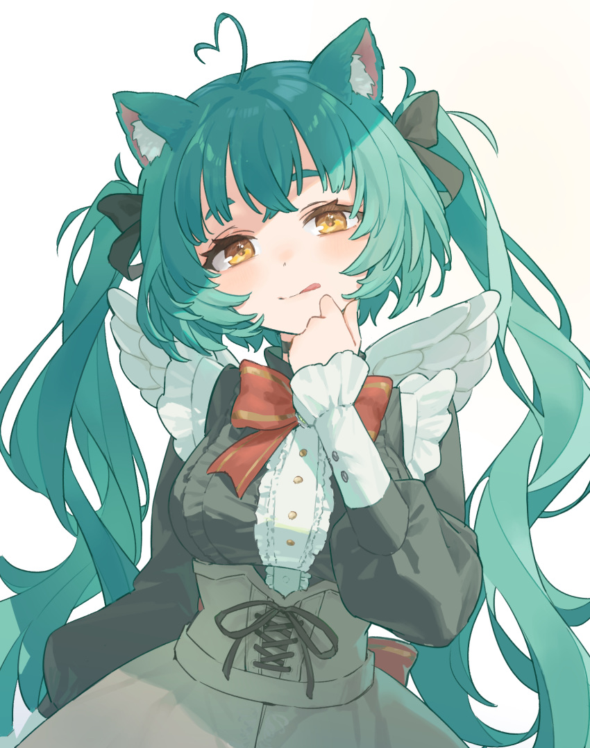 1girl :q ahoge angel_wings animal_ears aqua_hair black_bow black_choker black_dress black_ribbon bow bowtie cat_ears cat_girl choker closed_mouth commission dress girl_dm grey_skirt hair_bow hand_to_own_mouth heart heart_ahoge high_collar highres light_blush long_hair long_sleeves looking_at_viewer mini_wings multiple_hair_bows original puffy_sleeves red_bow red_bowtie ribbon shirane_rine shirt simple_background skeb_commission skirt solo tongue tongue_out twintails upper_body very_long_hair virtual_youtuber white_background wings yellow_eyes