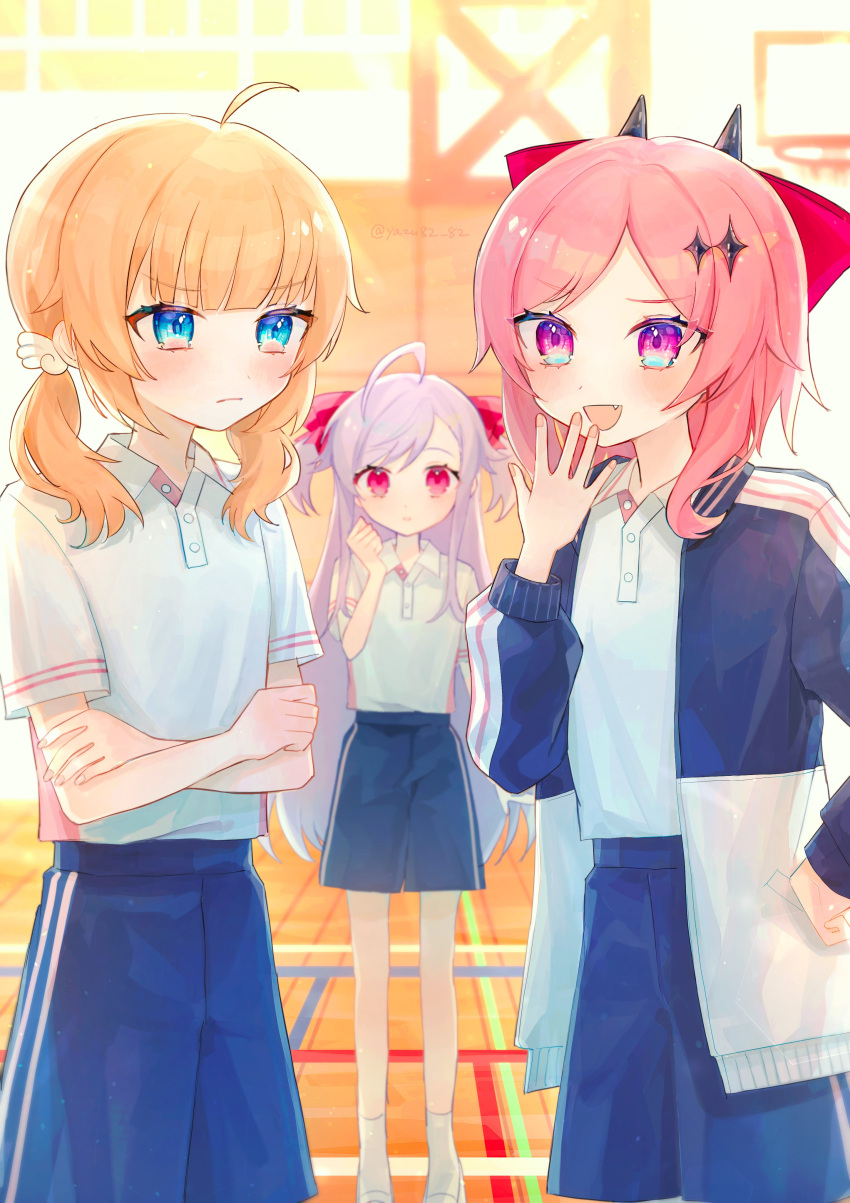 3girls :d absurdres ahoge ankle_socks black_horns blonde_hair blue_eyes blue_shorts blunt_bangs blurry blurry_background blush bow buttons clenched_hand closed_mouth collared_shirt commentary_request crossed_arms demon_horns fang fudeshima_shigure gradient_eyes gym gym_uniform hair_bow hair_ornament hairclip hand_on_own_hip hand_to_own_mouth highres horns jacket long_hair looking_at_another low_twintails medium_hair motosu_towa multicolored_clothes multicolored_eyes multicolored_jacket multiple_girls niizuma_yae open_clothes open_jacket open_mouth parted_lips pink_eyes pink_hair purple_hair shirt shirt_tucked_in short_sleeves shorts sidelocks smile socks star_(symbol) star_hair_ornament swept_bangs track_jacket twintails twitter_username two_side_up v-shaped_eyebrows violet_eyes watermark white_footwear white_shirt white_socks wing_hair_ornament world_dai_star yazu82